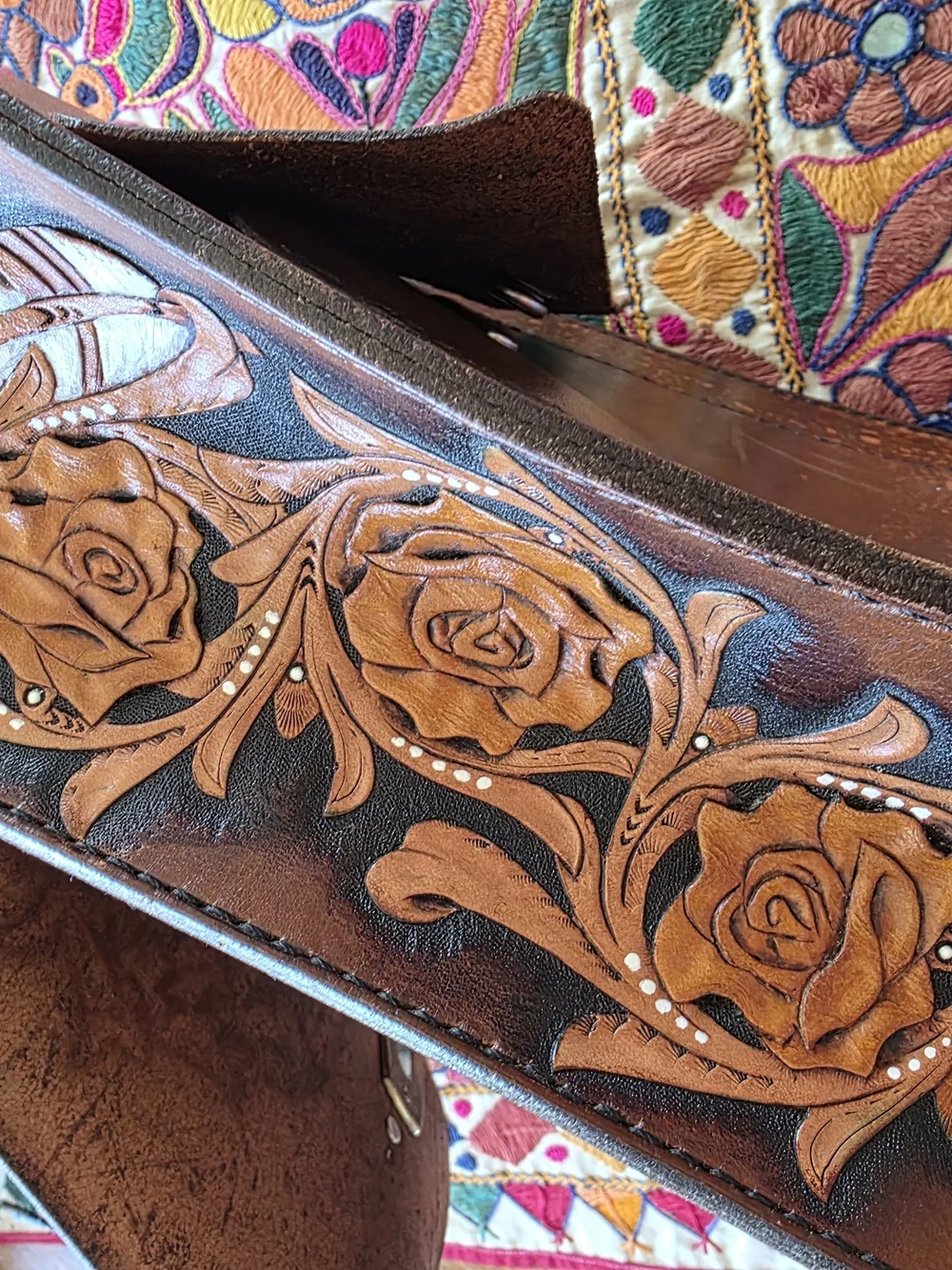 Tooled Brown Leather Crossbody Bag with Floral Rose Design